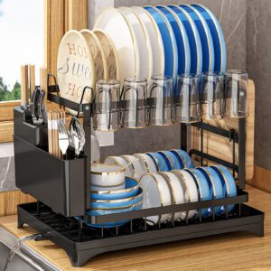 two tier dish drying rack, rustproof kitchen rack with drainboard and utensil holder for countertop